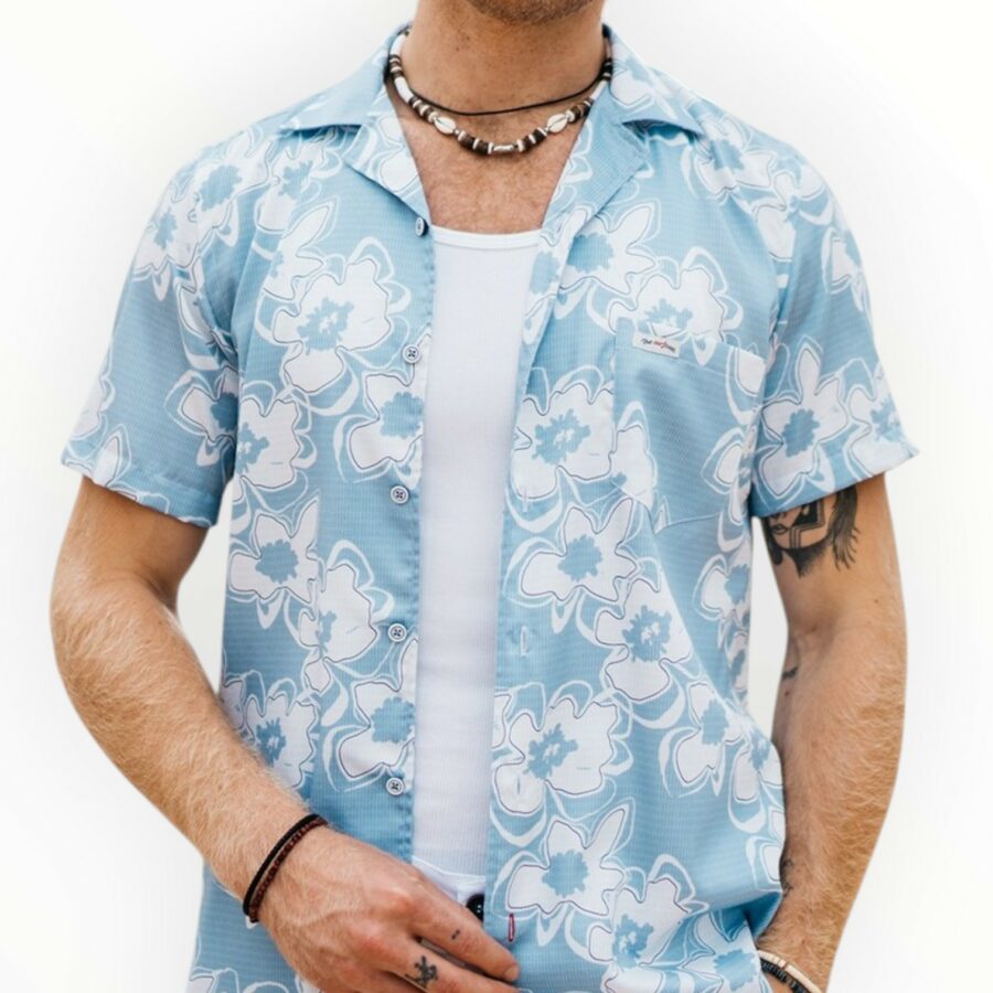 Camisa Bowling Flores celeste